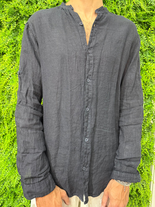 Camicia Lino collo coreano blu scuro