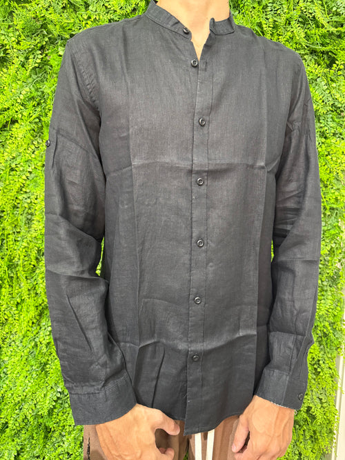 Camicia Lino collo coreano nera