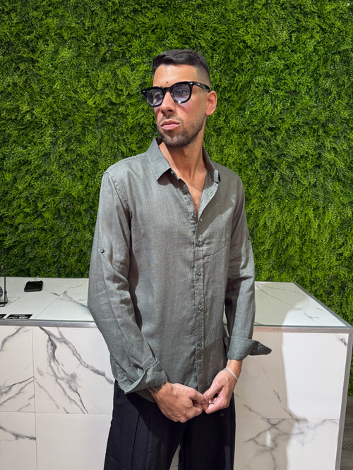 Camicia Lino Colletto Verde Militare