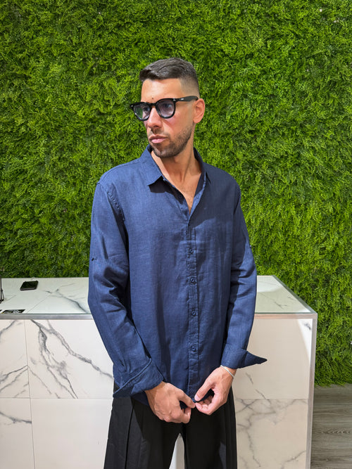Camicia Lino Colletto Blu Scuro