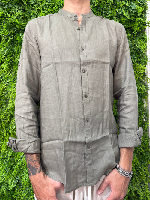 Camicia Lino collo coreano verde militare
