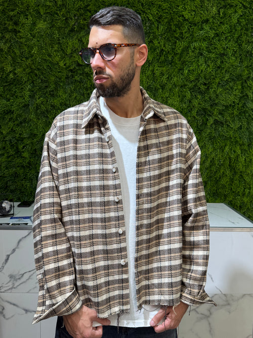 Camicione in flanella sfrangiato oversize marrone