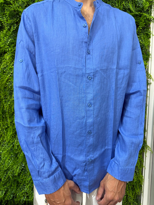 Camicia Lino collo coreano blu royal